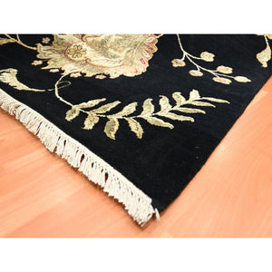 8'x10' Ink Black, Hand Knotted, Borderless Botanical Design, Half Wool and Half Silk, Densely Woven, Soft Pile, Oriental Rug FWR453522