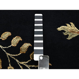 8'x10' Ink Black, Hand Knotted, Borderless Botanical Design, Half Wool and Half Silk, Densely Woven, Soft Pile, Oriental Rug FWR453522