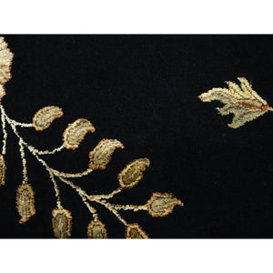 8'x10' Ink Black, Hand Knotted, Borderless Botanical Design, Half Wool and Half Silk, Densely Woven, Soft Pile, Oriental Rug FWR453522