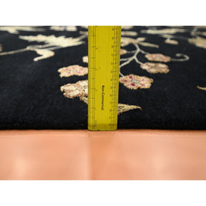 8'x10' Ink Black, Hand Knotted, Borderless Botanical Design, Half Wool and Half Silk, Densely Woven, Soft Pile, Oriental Rug FWR453522