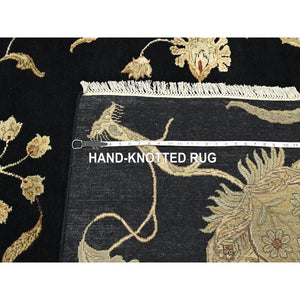 8'x10' Ink Black, Hand Knotted, Borderless Botanical Design, Half Wool and Half Silk, Densely Woven, Soft Pile, Oriental Rug FWR453522