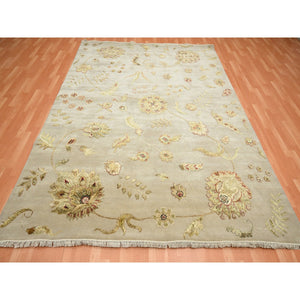 8'x9'9" Linen White, Borderless Botanical Design, Half Wool And Half Silk, Densely Woven, Soft Pile, Hand Knotted, Oriental Rug FWR453528