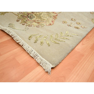 8'x9'9" Linen White, Borderless Botanical Design, Half Wool And Half Silk, Densely Woven, Soft Pile, Hand Knotted, Oriental Rug FWR453528