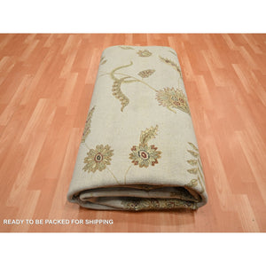 8'x9'9" Linen White, Borderless Botanical Design, Half Wool And Half Silk, Densely Woven, Soft Pile, Hand Knotted, Oriental Rug FWR453528
