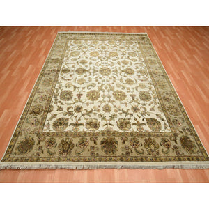 7'8"x10' Chiffon White, Rajasthan with All Over Leaf Design, Wool and Silk, Soft Pile, Thick and Plush, Hand Knotted, Oriental Rug FWR453534