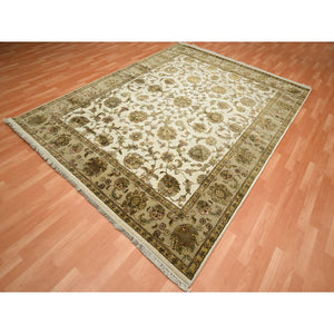 7'8"x10' Chiffon White, Rajasthan with All Over Leaf Design, Wool and Silk, Soft Pile, Thick and Plush, Hand Knotted, Oriental Rug FWR453534