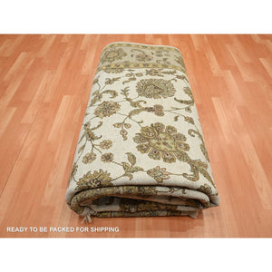 7'8"x10' Chiffon White, Rajasthan with All Over Leaf Design, Wool and Silk, Soft Pile, Thick and Plush, Hand Knotted, Oriental Rug FWR453534