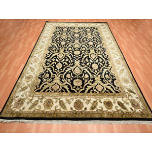 8'10"x12'2" Onyx Black, Rajasthan All Over Leaf Design, Thick And Plush, Densely Woven, Soft Pile, Wool And Silk, Hand Knotted, Oriental Rug FWR453552
