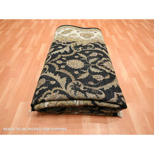 8'10"x12'2" Onyx Black, Rajasthan All Over Leaf Design, Thick And Plush, Densely Woven, Soft Pile, Wool And Silk, Hand Knotted, Oriental Rug FWR453552