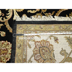 8'10"x12'2" Onyx Black, Rajasthan All Over Leaf Design, Thick And Plush, Densely Woven, Soft Pile, Wool And Silk, Hand Knotted, Oriental Rug FWR453552