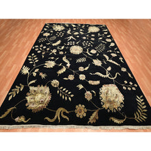 Load image into Gallery viewer, 9&#39;2&quot;x11&#39;8&quot; Caviar Black, Half Wool and Half Silk, Borderless Botanical Design, Densely Woven, Soft Pile, Hand Knotted, Oriental Rug FWR453558