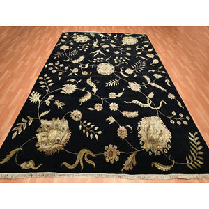 9'2"x11'8" Caviar Black, Half Wool and Half Silk, Borderless Botanical Design, Densely Woven, Soft Pile, Hand Knotted, Oriental Rug FWR453558