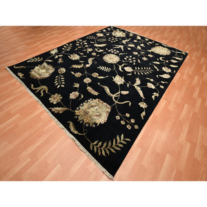 9'2"x11'8" Caviar Black, Half Wool and Half Silk, Borderless Botanical Design, Densely Woven, Soft Pile, Hand Knotted, Oriental Rug FWR453558