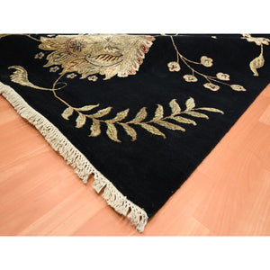9'2"x11'8" Caviar Black, Half Wool and Half Silk, Borderless Botanical Design, Densely Woven, Soft Pile, Hand Knotted, Oriental Rug FWR453558