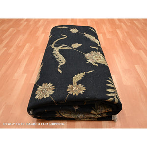 9'2"x11'8" Caviar Black, Half Wool and Half Silk, Borderless Botanical Design, Densely Woven, Soft Pile, Hand Knotted, Oriental Rug FWR453558