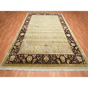 8'9"x12'1" Parchment White, Rajasthan With All Over Leaf Design, Hand Knotted, Wool And Silk, Densely Woven, Thick And Plush, Oriental Rug FWR453582