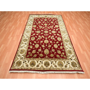 6'x9'2" Ruby Red, Thick And Plush, Rajasthan With All Over Leaf Design, Hand Knotted, Wool And Silk, Soft Pile, Oriental Rug FWR453594
