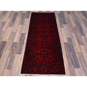 1'10"x5'1" Scarlet Red, Afghan Khamyab With Geometric Pattern, Hand Knotted, Soft 100% Wool, Natural Dyes, Short & Narrow Runner, Oriental Rug FWR4530