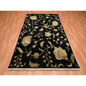 5'10"x8'10" Onyx Black, Borderless Botanical Design, Half Wool and Half Silk, Densely Woven, Soft Pile, Hand Knotted, Oriental Rug FWR453606