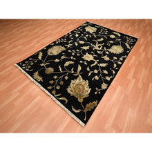 Load image into Gallery viewer, 5&#39;10&quot;x8&#39;10&quot; Onyx Black, Borderless Botanical Design, Half Wool and Half Silk, Densely Woven, Soft Pile, Hand Knotted, Oriental Rug FWR453606