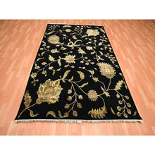 Load image into Gallery viewer, 6&#39;x8&#39;10&quot; Ebony Black, Hand Knotted, Borderless Botanical Design, Half Wool And Half Silk, Densely Woven, Soft Pile, Oriental Rug FWR453612