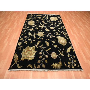 6'x8'10" Ebony Black, Hand Knotted, Borderless Botanical Design, Half Wool and Half Silk, Densely Woven, Soft Pile, Oriental Rug FWR453612
