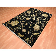 Load image into Gallery viewer, 6&#39;x8&#39;10&quot; Ebony Black, Hand Knotted, Borderless Botanical Design, Half Wool And Half Silk, Densely Woven, Soft Pile, Oriental Rug FWR453612
