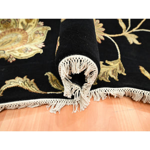 6'x8'10" Ebony Black, Hand Knotted, Borderless Botanical Design, Half Wool and Half Silk, Densely Woven, Soft Pile, Oriental Rug FWR453612