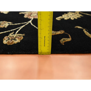 6'x8'10" Ebony Black, Hand Knotted, Borderless Botanical Design, Half Wool and Half Silk, Densely Woven, Soft Pile, Oriental Rug FWR453612