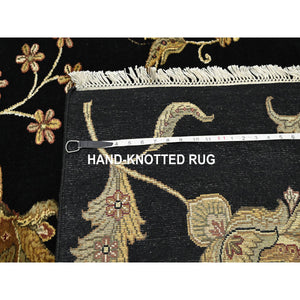 6'x8'10" Ebony Black, Hand Knotted, Borderless Botanical Design, Half Wool And Half Silk, Densely Woven, Soft Pile, Oriental Rug FWR453612