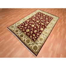 Load image into Gallery viewer, 6&#39;x9&#39; Crimson Red, Hand Knotted, Wool And Silk, Soft Pile, Rajasthan With All Over Leaf Design, Thick And Plush, Oriental Rug FWR453624