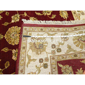 6'x9' Crimson Red, Hand Knotted, Wool And Silk, Soft Pile, Rajasthan With All Over Leaf Design, Thick And Plush, Oriental Rug FWR453624