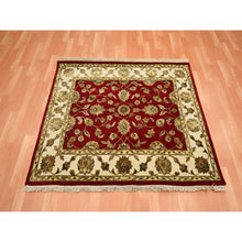 Load image into Gallery viewer, 4&#39;2&quot;x5&#39; Carmine Red, Rajasthan With All Over Leaf Design, Hand Knotted, Wool And Silk, Soft Pile, Thick And Plush, Squarish, Oriental Rug FWR453630