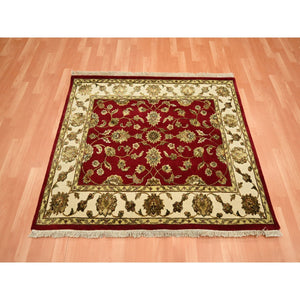 4'2"x5' Carmine Red, Rajasthan With All Over Leaf Design, Hand Knotted, Wool And Silk, Soft Pile, Thick And Plush, Squarish, Oriental Rug FWR453630
