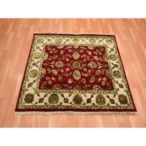 4'1"x5' Currant Red, Hand Knotted, Wool and Silk, Soft Pile, Thick and Plush, Rajasthan with All Over Leaf Design, Squarish, Oriental Rug FWR453636