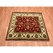 Load image into Gallery viewer, 4&#39;1&quot;x5&#39; Currant Red, Hand Knotted, Wool And Silk, Soft Pile, Thick And Plush, Rajasthan With All Over Leaf Design, Squarish, Oriental Rug FWR453636