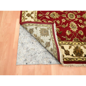 4'1"x5' Currant Red, Hand Knotted, Wool and Silk, Soft Pile, Thick and Plush, Rajasthan with All Over Leaf Design, Squarish, Oriental Rug FWR453636