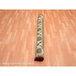 4'1"x5' Currant Red, Hand Knotted, Wool and Silk, Soft Pile, Thick and Plush, Rajasthan with All Over Leaf Design, Squarish, Oriental Rug FWR453636