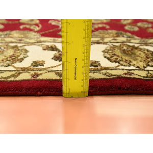 4'1"x5' Currant Red, Hand Knotted, Wool and Silk, Soft Pile, Thick and Plush, Rajasthan with All Over Leaf Design, Squarish, Oriental Rug FWR453636