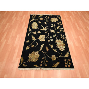 4'1"x6'1" Caviar Black, Half Wool and Half Silk, Borderless Botanical Design, Densely Woven, Soft Pile, Hand Knotted, Oriental Rug FWR453648