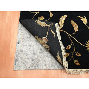 4'1"x6'1" Caviar Black, Half Wool and Half Silk, Borderless Botanical Design, Densely Woven, Soft Pile, Hand Knotted, Oriental Rug FWR453648