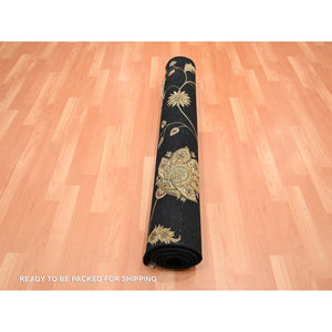 4'1"x6'1" Caviar Black, Half Wool and Half Silk, Borderless Botanical Design, Densely Woven, Soft Pile, Hand Knotted, Oriental Rug FWR453648