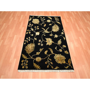 4'x6' Midnight Black, Borderless Botanical Design, Half Wool and Half Silk, Densely Woven, Soft Pile, Hand Knotted, Oriental Rug FWR453654