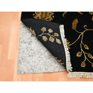 4'x6' Midnight Black, Borderless Botanical Design, Half Wool and Half Silk, Densely Woven, Soft Pile, Hand Knotted, Oriental Rug FWR453654