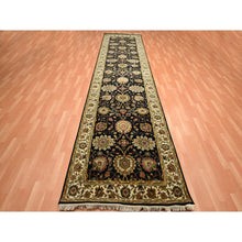 Load image into Gallery viewer, 4&#39;x15&#39;9&quot; Pitch Black, Rajasthan with All Over Leaf Design, Hand Knotted, Wool and Silk, Soft Pile, Thick and Plush, XL Runner, Oriental Rug FWR453660