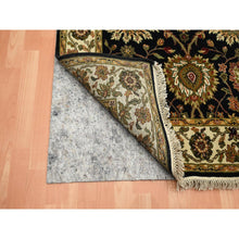 Load image into Gallery viewer, 4&#39;x15&#39;9&quot; Pitch Black, Rajasthan with All Over Leaf Design, Hand Knotted, Wool and Silk, Soft Pile, Thick and Plush, XL Runner, Oriental Rug FWR453660