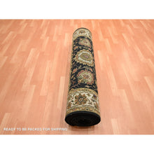 Load image into Gallery viewer, 4&#39;x15&#39;9&quot; Pitch Black, Rajasthan with All Over Leaf Design, Hand Knotted, Wool and Silk, Soft Pile, Thick and Plush, XL Runner, Oriental Rug FWR453660