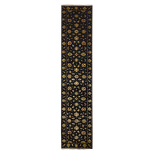 Load image into Gallery viewer, 2&#39;7&quot;x12&#39;3&quot; Caviar Black, Soft Pile, Hand Knotted, Wool and Silk, Rajasthan with All Over Leaf Design, Thick and Plush, Runner, Oriental Rug FWR453666