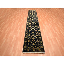 Load image into Gallery viewer, 2&#39;7&quot;x12&#39;3&quot; Caviar Black, Soft Pile, Hand Knotted, Wool and Silk, Rajasthan with All Over Leaf Design, Thick and Plush, Runner, Oriental Rug FWR453666