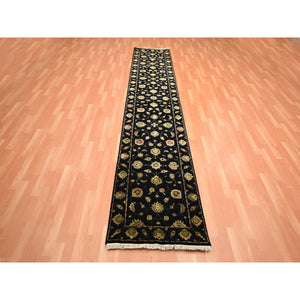 2'7"x12'3" Caviar Black, Soft Pile, Hand Knotted, Wool and Silk, Rajasthan with All Over Leaf Design, Thick and Plush, Runner, Oriental Rug FWR453666